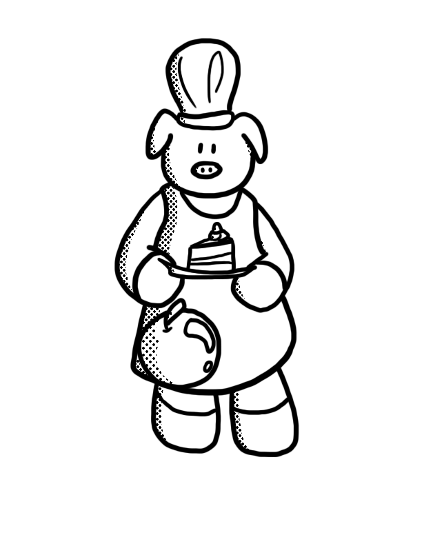 black and white drawing of piggy in a chefs outfit holding a cake